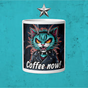 House of Bitey (tm) Need Coffee! Punk Cat white glossy mug